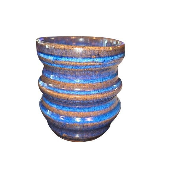 Signed Vintage 1994 Large Handmade Blue & Brown Glazed Ribbed Coffee Cup Mug - Picture 2 of 6